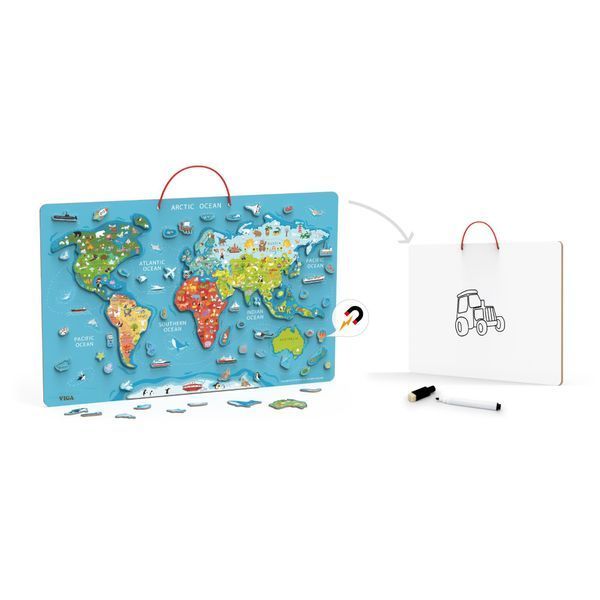 Puzzle magnetic Viga Toys World Map cu panou de marcat &icirc;n engleză (44508EN)