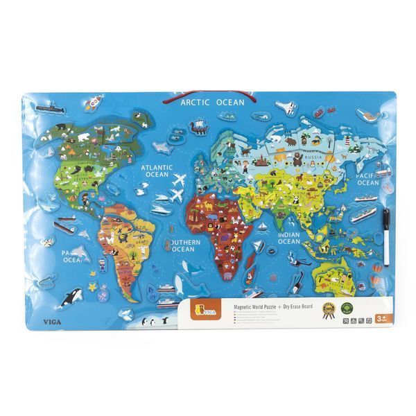 Puzzle magnetic Viga Toys World Map cu panou de marcat &icirc;n engleză (44508EN)