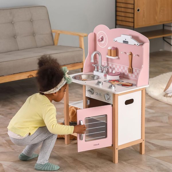 Bucătărie din lemn pentru copii cu vase Viga Toys PolarB roz (44046)