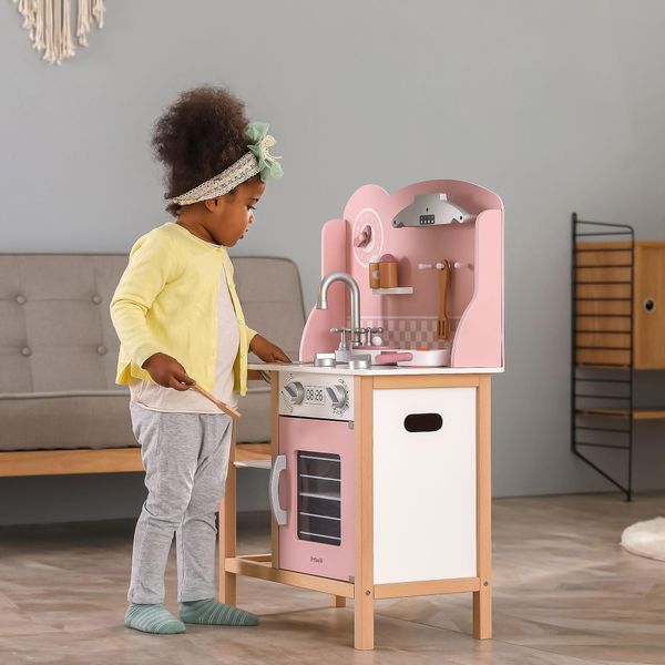 Bucătărie din lemn pentru copii cu vase Viga Toys PolarB roz (44046)